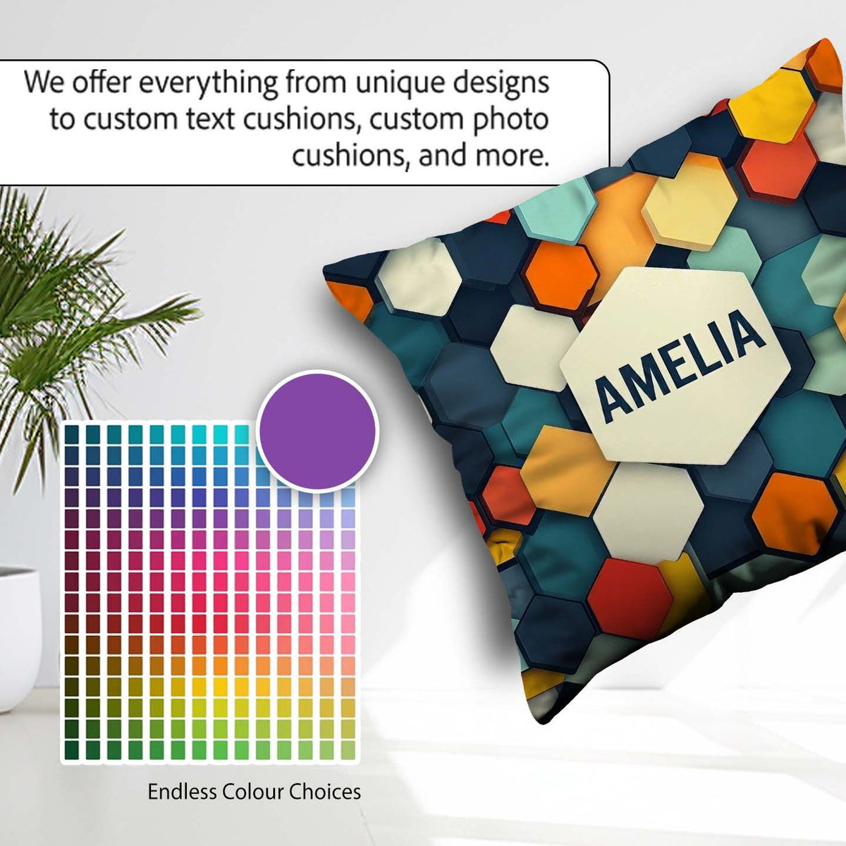 Custom Name Abstract Hexagon Geometric Tiles Color Grid Seamless Square Filled Cushion Throw Pillow Sofa Bed Home Decor Zip Washable UK Made