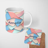 Personalized Custom Name Abstract Pastel Paper Cut Shapes Soft Layered Texture Seamless 11oz Ceramic Coffee Tea Mug White Large Handle