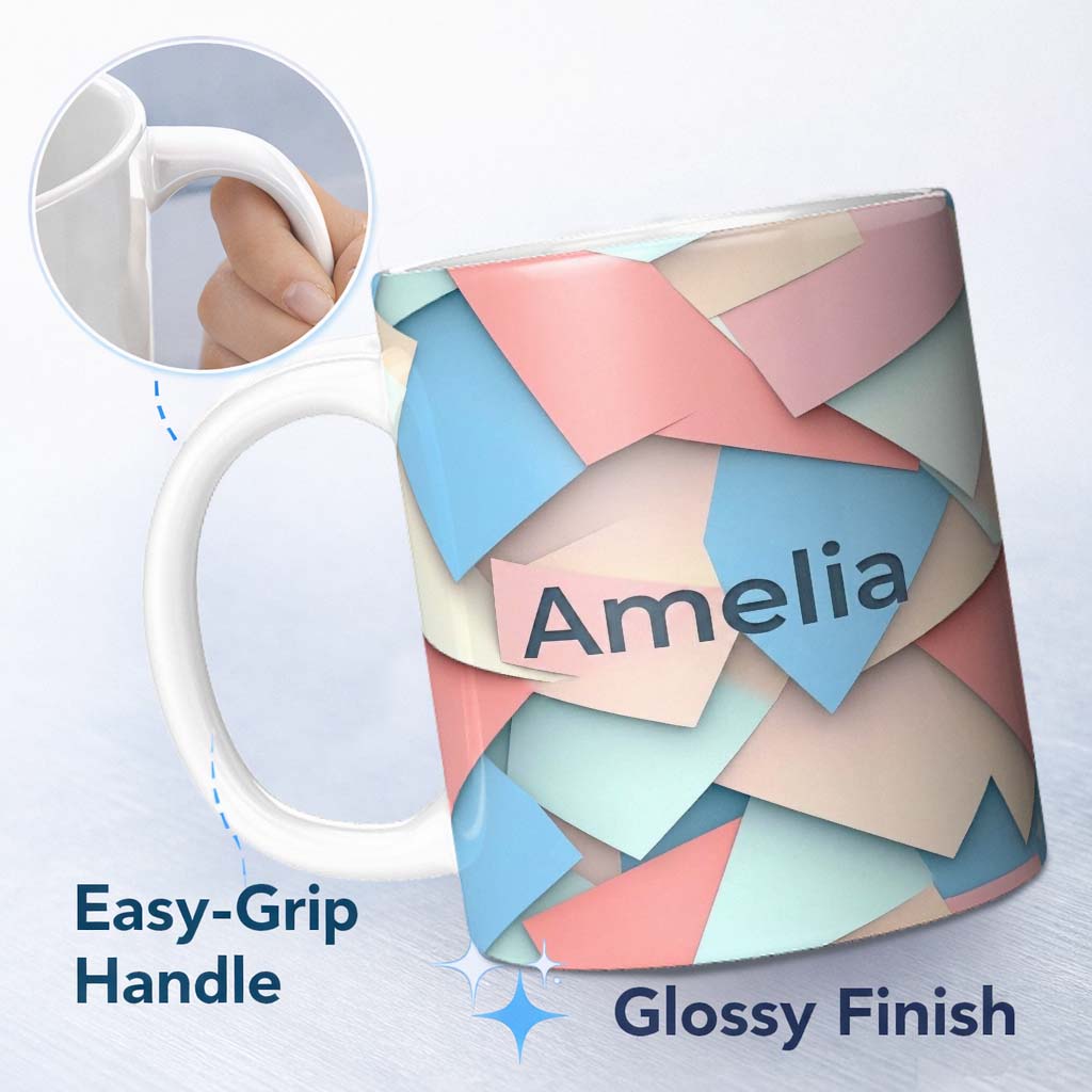 Personalized Custom Name Abstract Pastel Paper Cut Shapes Soft Layered Texture Seamless 11oz Ceramic Coffee Tea Mug White Large Handle