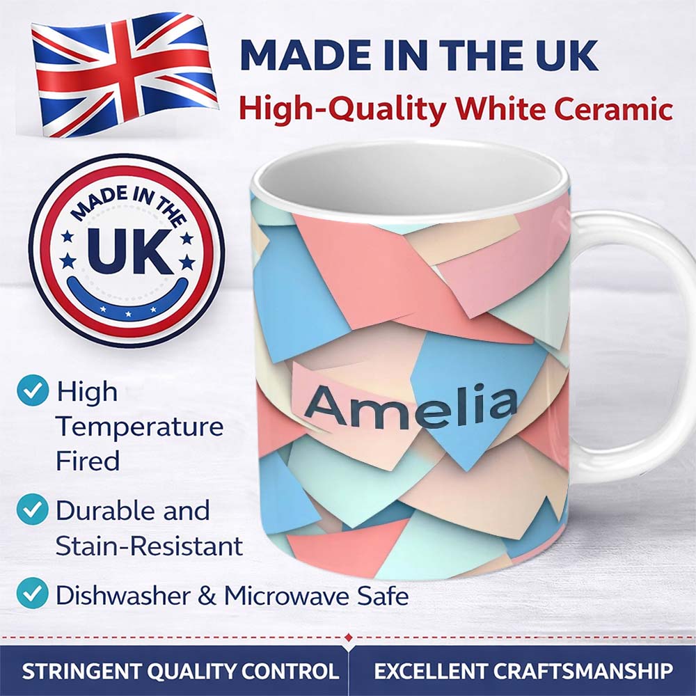 Personalized Custom Name Abstract Pastel Paper Cut Shapes Soft Layered Texture Seamless 11oz Ceramic Coffee Tea Mug White Large Handle