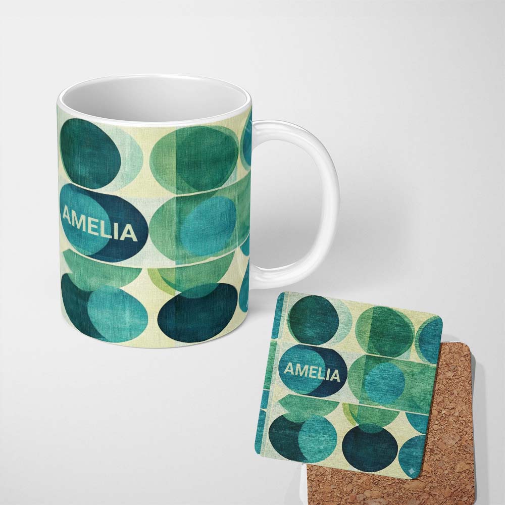 Personalized Custom Name Abstract Green Circle Shapes Mid Century Modern Style Seamless 11oz Ceramic Coffee Tea Mug White Large Handle