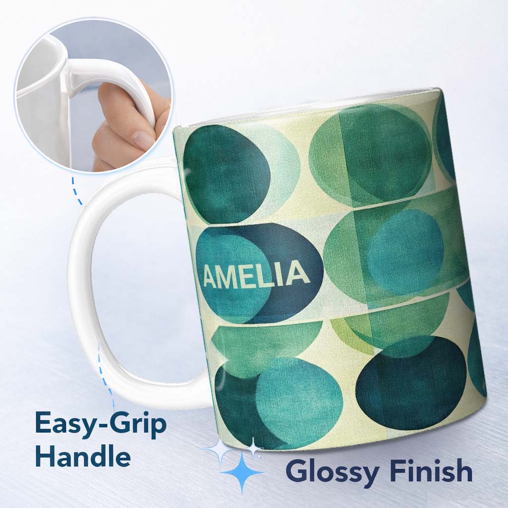 Personalized Custom Name Abstract Green Circle Shapes Mid Century Modern Style Seamless 11oz Ceramic Coffee Tea Mug White Large Handle