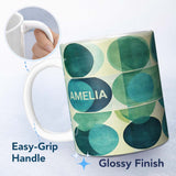Personalized Custom Name Abstract Green Circle Shapes Mid Century Modern Style Seamless 11oz Ceramic Coffee Tea Mug White Large Handle