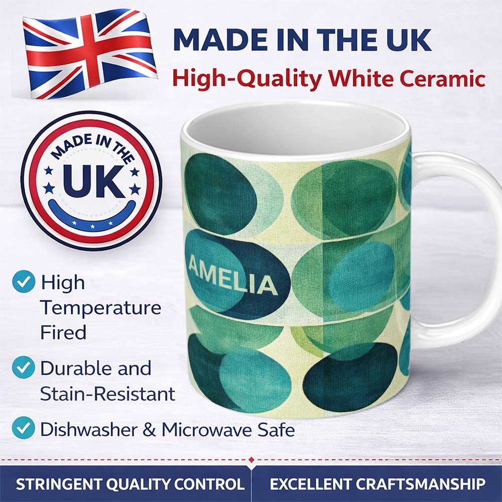 Personalized Custom Name Abstract Green Circle Shapes Mid Century Modern Style Seamless 11oz Ceramic Coffee Tea Mug White Large Handle