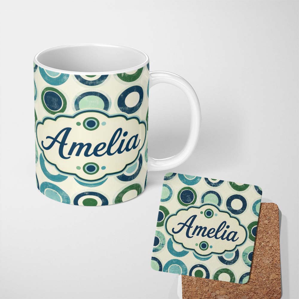 Personalized Custom Name Abstract Blue Green Ring Circle Repeat Minimal Geometric Seamless 11oz Ceramic Coffee Tea Mug White Large Handle