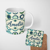 Personalized Custom Name Abstract Blue Green Ring Circle Repeat Minimal Geometric Seamless 11oz Ceramic Coffee Tea Mug White Large Handle