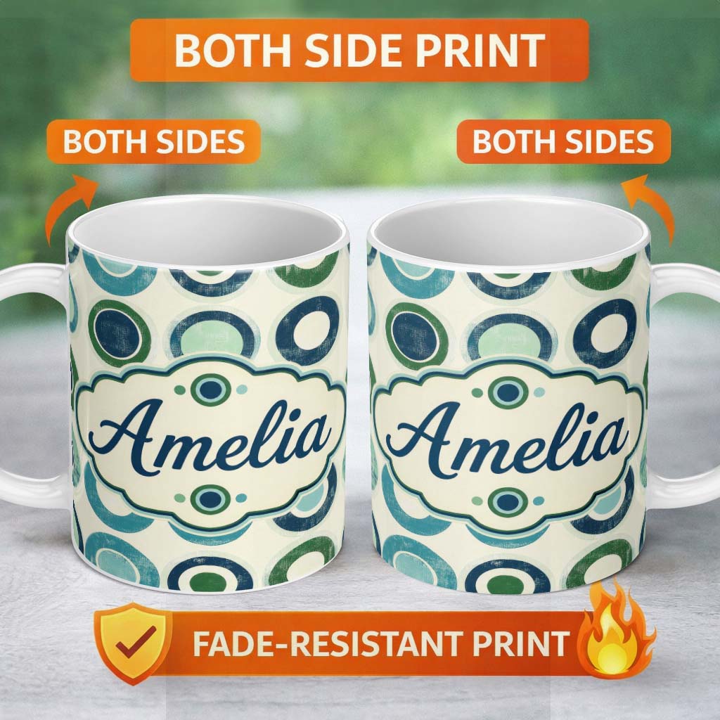 Personalized Custom Name Abstract Blue Green Ring Circle Repeat Minimal Geometric Seamless 11oz Ceramic Coffee Tea Mug White Large Handle