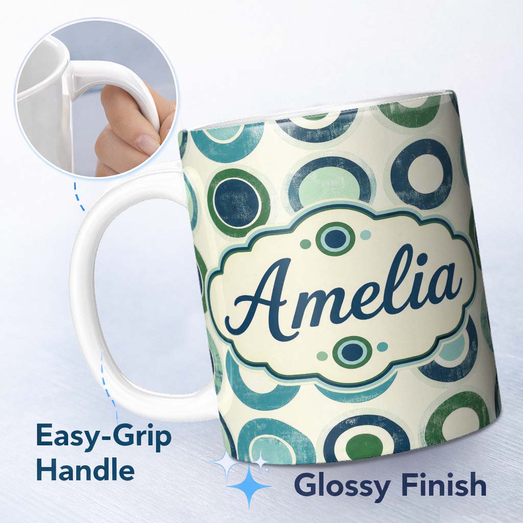 Personalized Custom Name Abstract Blue Green Ring Circle Repeat Minimal Geometric Seamless 11oz Ceramic Coffee Tea Mug White Large Handle