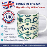Personalized Custom Name Abstract Blue Green Ring Circle Repeat Minimal Geometric Seamless 11oz Ceramic Coffee Tea Mug White Large Handle