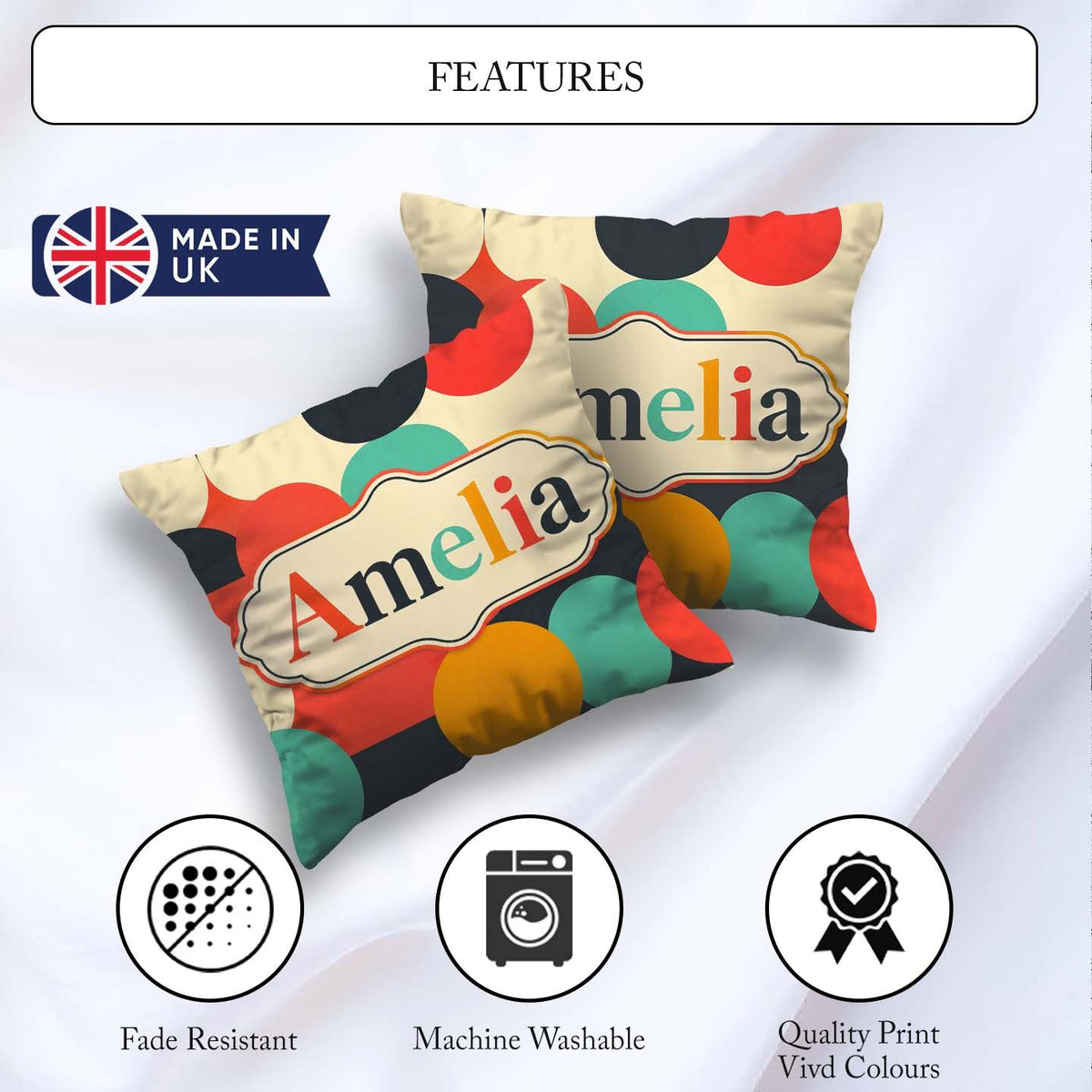 Custom Name Abstract Bold Color Circle Pop Art Geometric Shapes Square Filled Cushion Throw Pillow Sofa Bed Home Decor Zip Washable UK Made