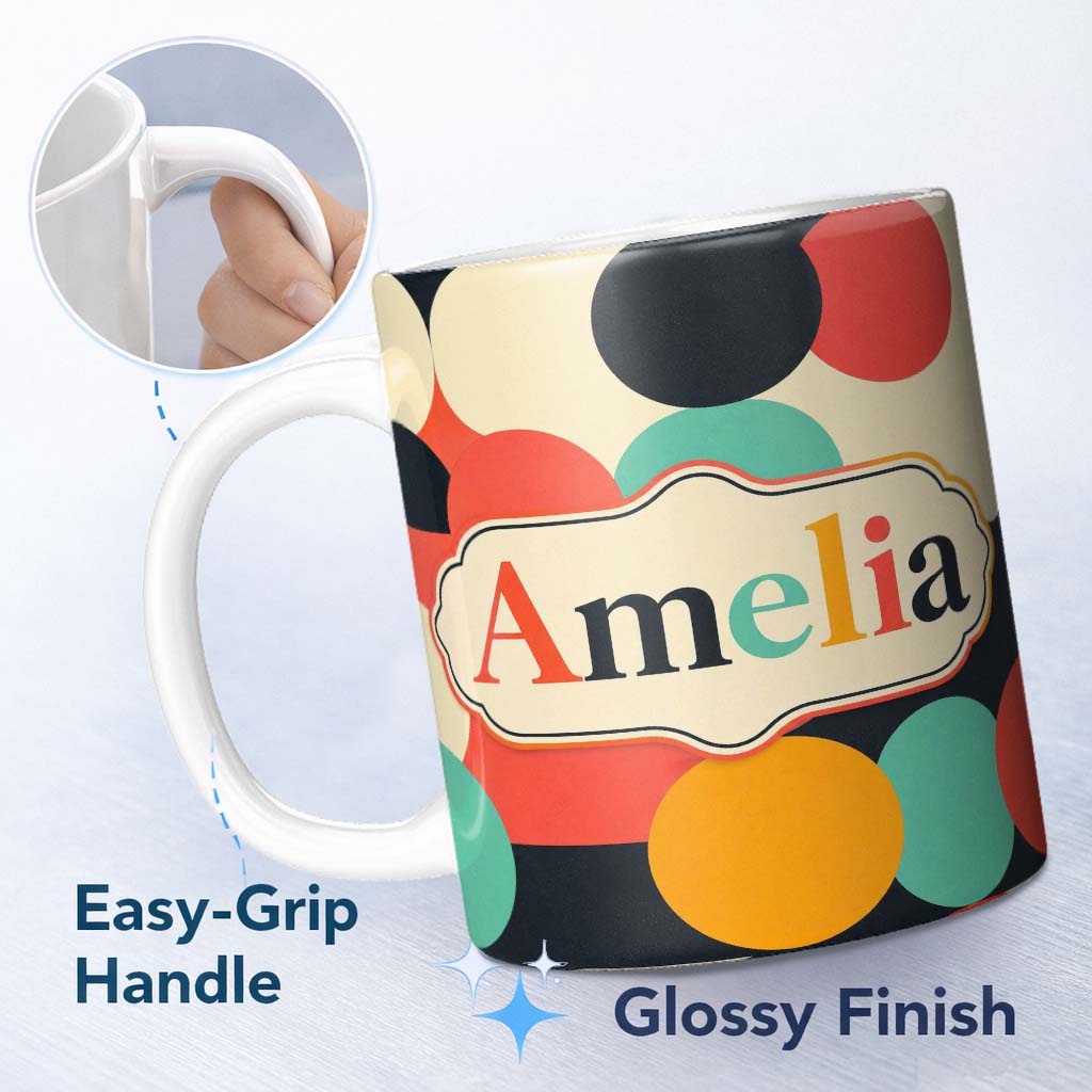 Personalized Custom Name Abstract Bold Color Circle Pop Art Geometric Shapes Seamless 11oz Ceramic Coffee Tea Mug White Large Handle