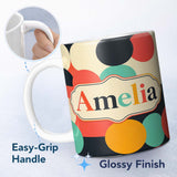 Personalized Custom Name Abstract Bold Color Circle Pop Art Geometric Shapes Seamless 11oz Ceramic Coffee Tea Mug White Large Handle