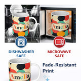Personalized Custom Name Abstract Bold Color Circle Pop Art Geometric Shapes Seamless 11oz Ceramic Coffee Tea Mug White Large Handle