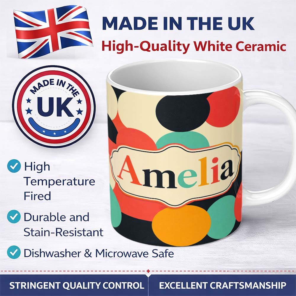 Personalized Custom Name Abstract Bold Color Circle Pop Art Geometric Shapes Seamless 11oz Ceramic Coffee Tea Mug White Large Handle