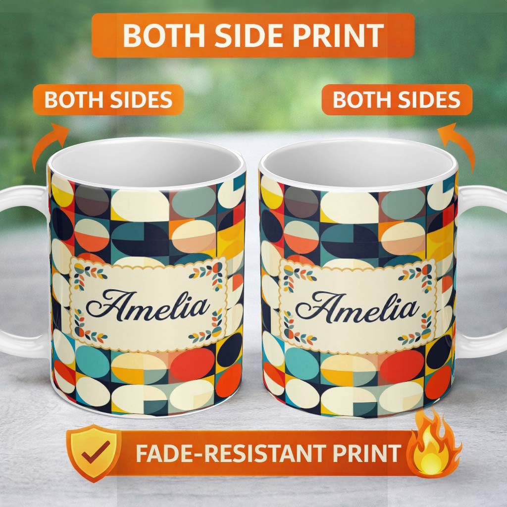 Personalized Custom Name Abstract Oval Grid Color Block Mid Century Pattern Seamless Name 11oz Ceramic Coffee Tea Mug White Large Handle