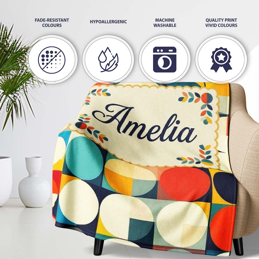 Abstract Oval Grid Color Block Mid Century Pattern Seamless Name  Personalised Custom Name Super Soft Fleece Blanket Bed Sofa Throw