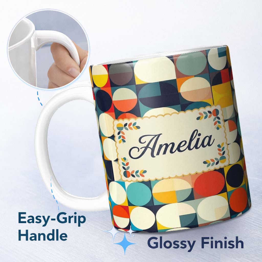 Personalized Custom Name Abstract Oval Grid Color Block Mid Century Pattern Seamless Name 11oz Ceramic Coffee Tea Mug White Large Handle