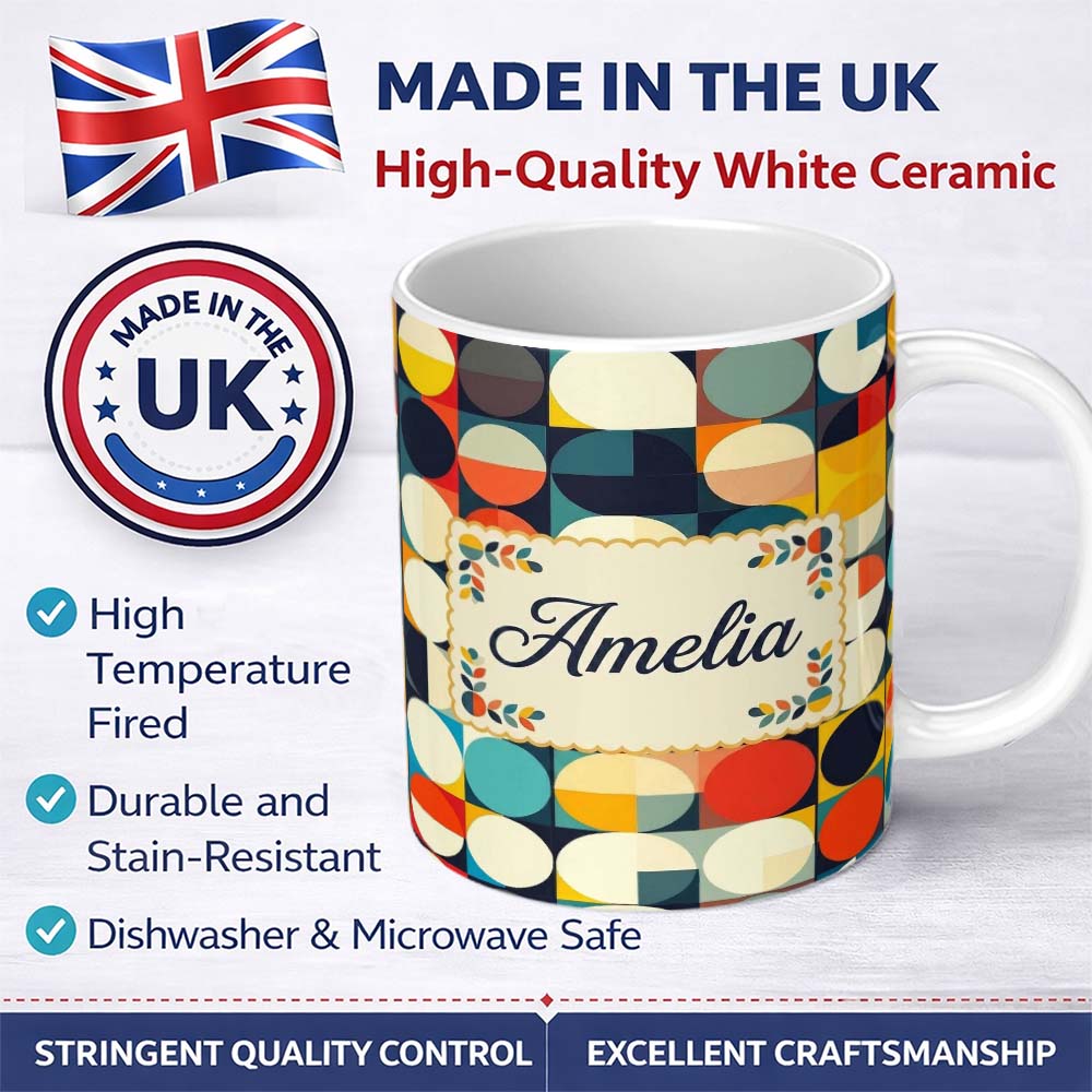 Personalized Custom Name Abstract Oval Grid Color Block Mid Century Pattern Seamless Name 11oz Ceramic Coffee Tea Mug White Large Handle