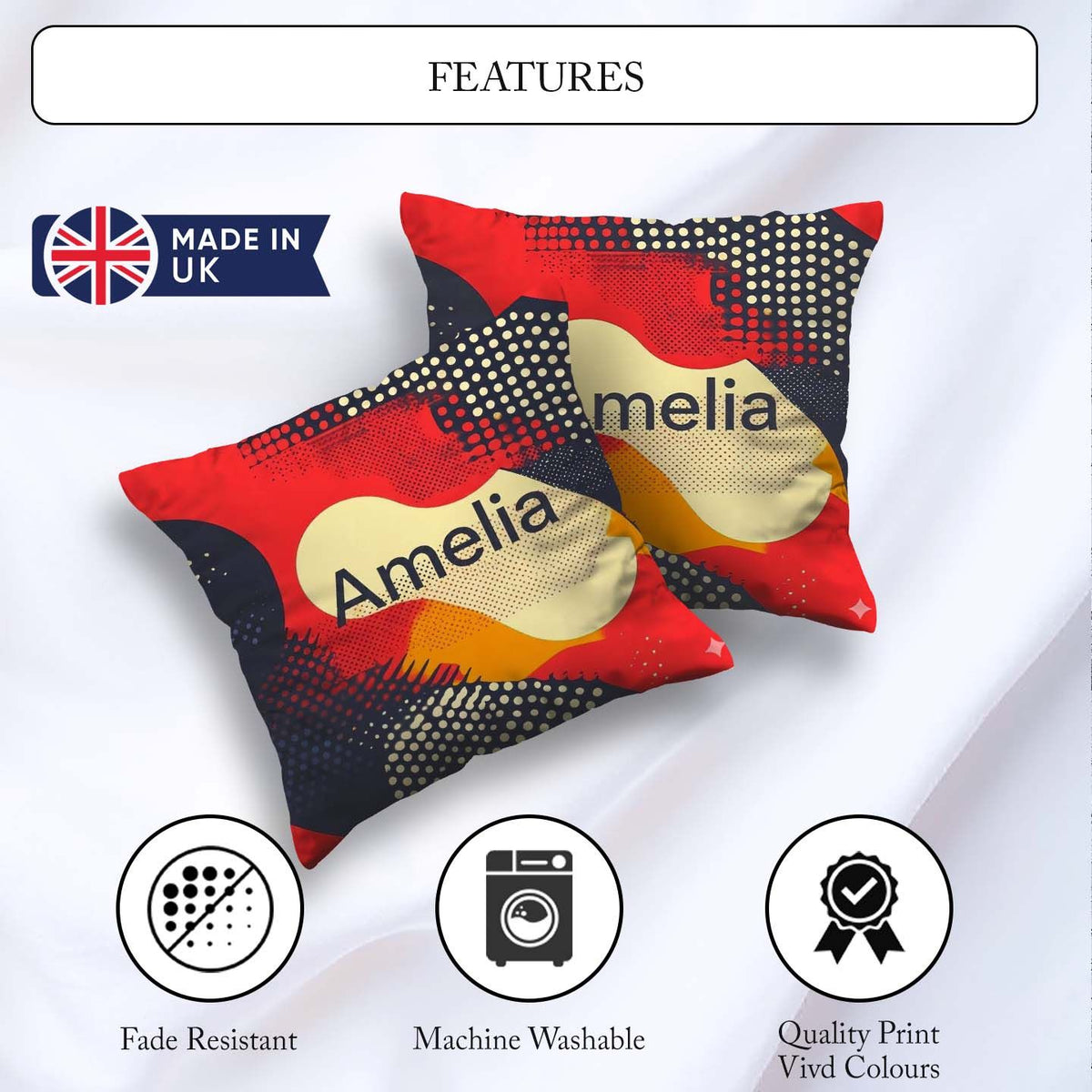 Custom Name Abstract Halftone Pop Art Bold Color Splash Seamless Square Filled Cushion Throw Pillow Sofa Bed Home Decor Zip Washable UK Made