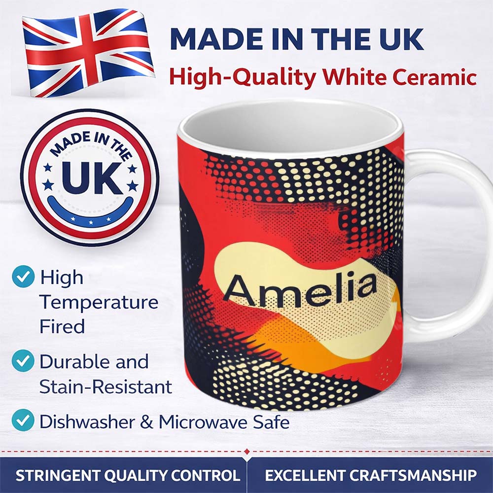 Personalized Custom Name Abstract Halftone Pop Art Texture Bold Color Splash Seamless 11oz Ceramic Coffee Tea Mug White Large Handle