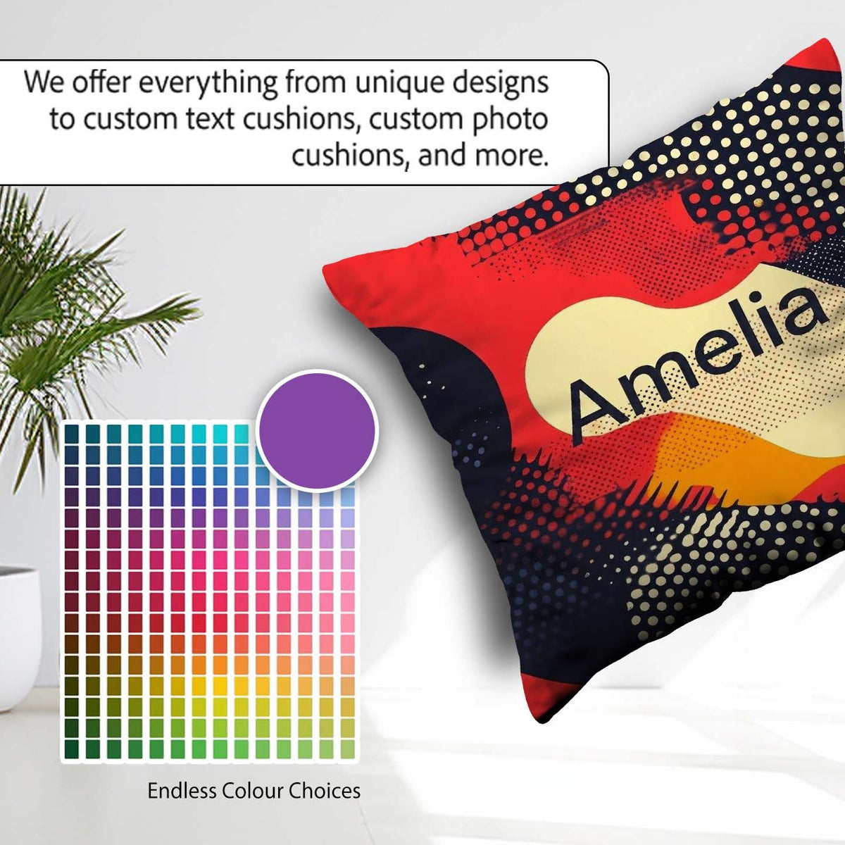Custom Name Abstract Halftone Pop Art Bold Color Splash Seamless Square Filled Cushion Throw Pillow Sofa Bed Home Decor Zip Washable UK Made