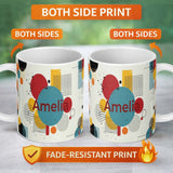 Personalized Custom Name Abstract Modern Memphis Style Shapes Lines Dots Pattern Seamless 11oz Ceramic Coffee Tea Mug White Large Handle
