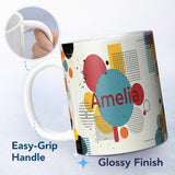 Personalized Custom Name Abstract Modern Memphis Style Shapes Lines Dots Pattern Seamless 11oz Ceramic Coffee Tea Mug White Large Handle