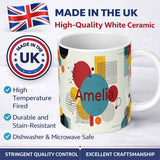 Personalized Custom Name Abstract Modern Memphis Style Shapes Lines Dots Pattern Seamless 11oz Ceramic Coffee Tea Mug White Large Handle