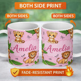 Personalized Custom Name Cute Jungle Animals Lion Tiger Leopard Pink Background Tropical 11oz Ceramic Coffee Tea Mug White Large Handle