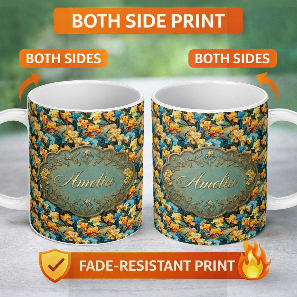 Personalized Custom Name Colorful Iris Floral Seamless Pattern in Blue and Yellow on Dark 11oz Ceramic Coffee Tea Mug White Large Handle