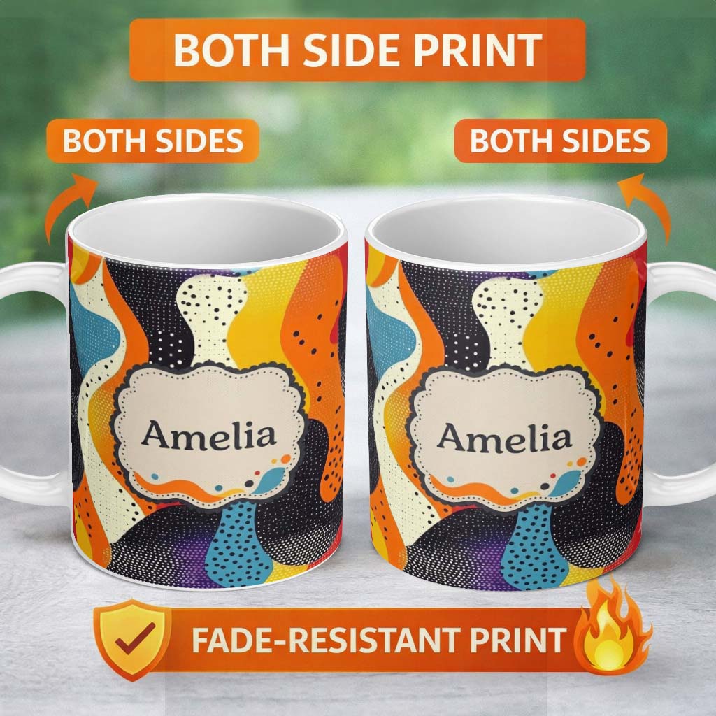 Personalized Custom Name Abstract Organic Blob Shapes Dotted Texture Bold Colors Seamless 11oz Ceramic Coffee Tea Mug White Large Handle
