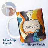 Personalized Custom Name Abstract Organic Blob Shapes Dotted Texture Bold Colors Seamless 11oz Ceramic Coffee Tea Mug White Large Handle