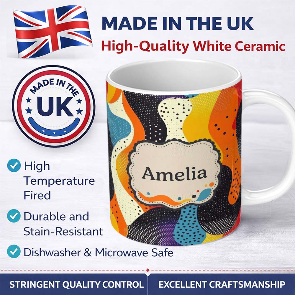 Personalized Custom Name Abstract Organic Blob Shapes Dotted Texture Bold Colors Seamless 11oz Ceramic Coffee Tea Mug White Large Handle