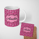 Personalized Custom Name Vibrant Pink and Black Leopard Spot Abstract Seamless Pattern Lovely 11oz Ceramic Coffee Tea Mug White Large Handle