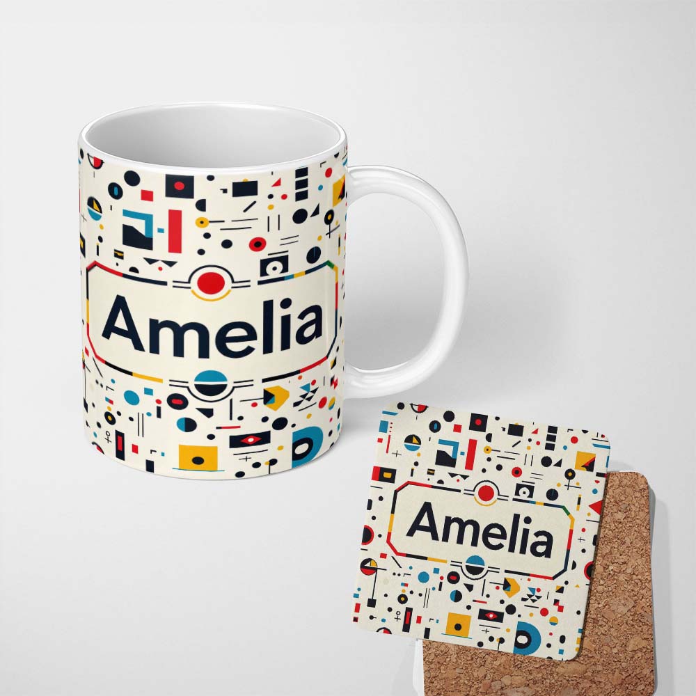 Personalized Custom Name Abstract Bauhaus Geometric Shapes Primary Colors Minimal Pattern 11oz Ceramic Coffee Tea Mug White Large Handle