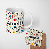Personalized Custom Name Abstract Bauhaus Geometric Shapes Primary Colors Minimal Pattern 11oz Ceramic Coffee Tea Mug White Large Handle