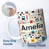 Personalized Custom Name Abstract Bauhaus Geometric Shapes Primary Colors Minimal Pattern 11oz Ceramic Coffee Tea Mug White Large Handle