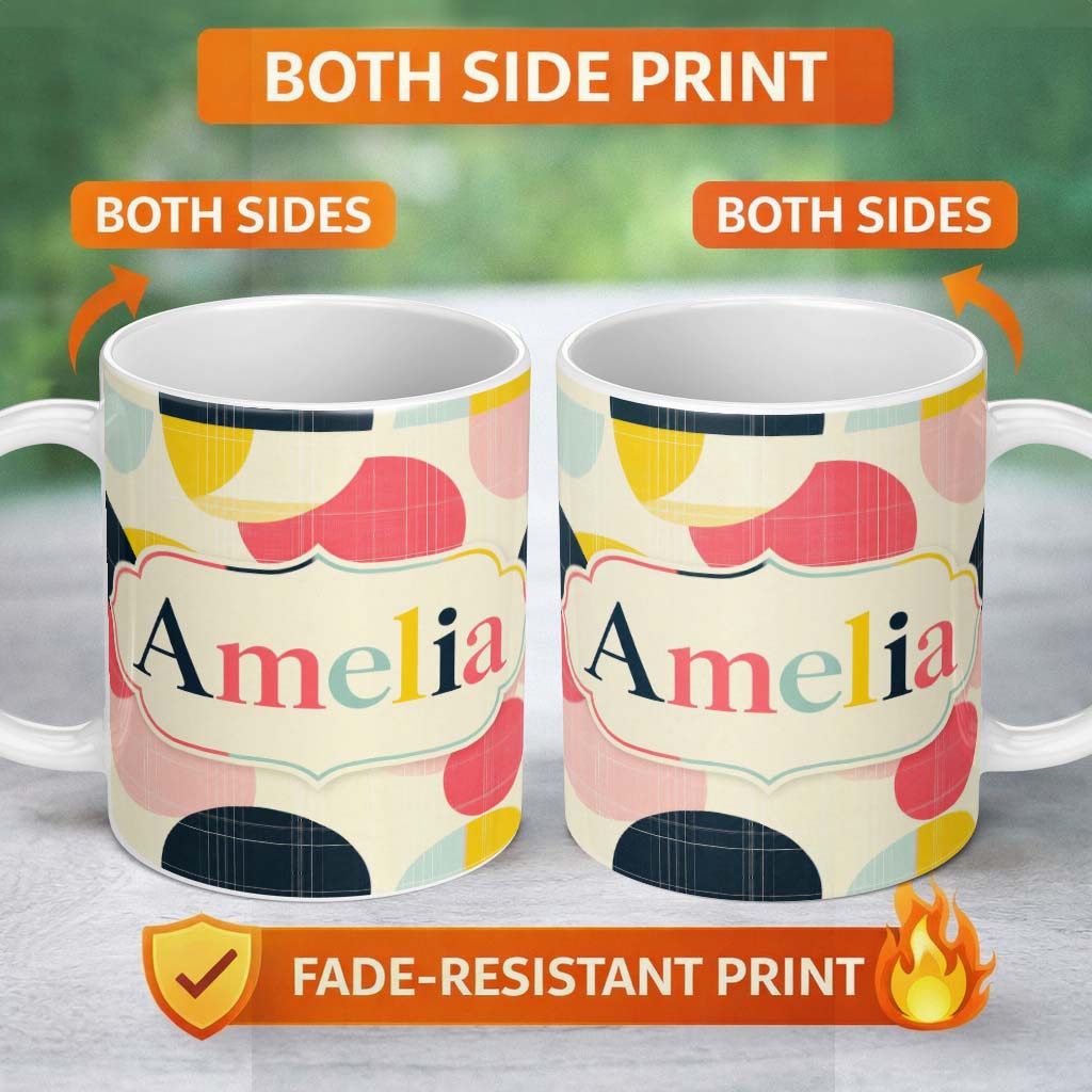 Personalized Custom Name Abstract Circle Grid Soft Pastel Overlay Texture Seamless Pattern 11oz Ceramic Coffee Tea Mug White Large Handle