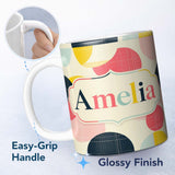 Personalized Custom Name Abstract Circle Grid Soft Pastel Overlay Texture Seamless Pattern 11oz Ceramic Coffee Tea Mug White Large Handle