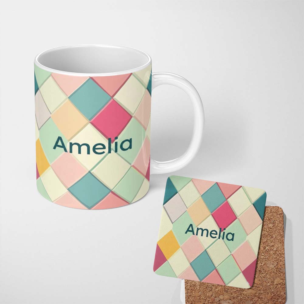 Personalized Custom Name Abstract Pastel Diamond Tile Soft Gradient Geometric Seamless 11oz Ceramic Coffee Tea Mug White Large Handle