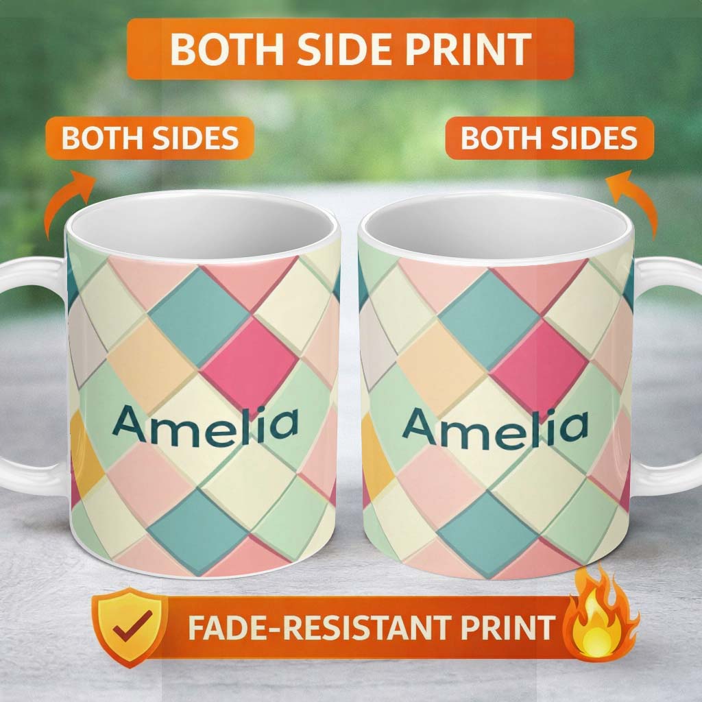 Personalized Custom Name Abstract Pastel Diamond Tile Soft Gradient Geometric Seamless 11oz Ceramic Coffee Tea Mug White Large Handle