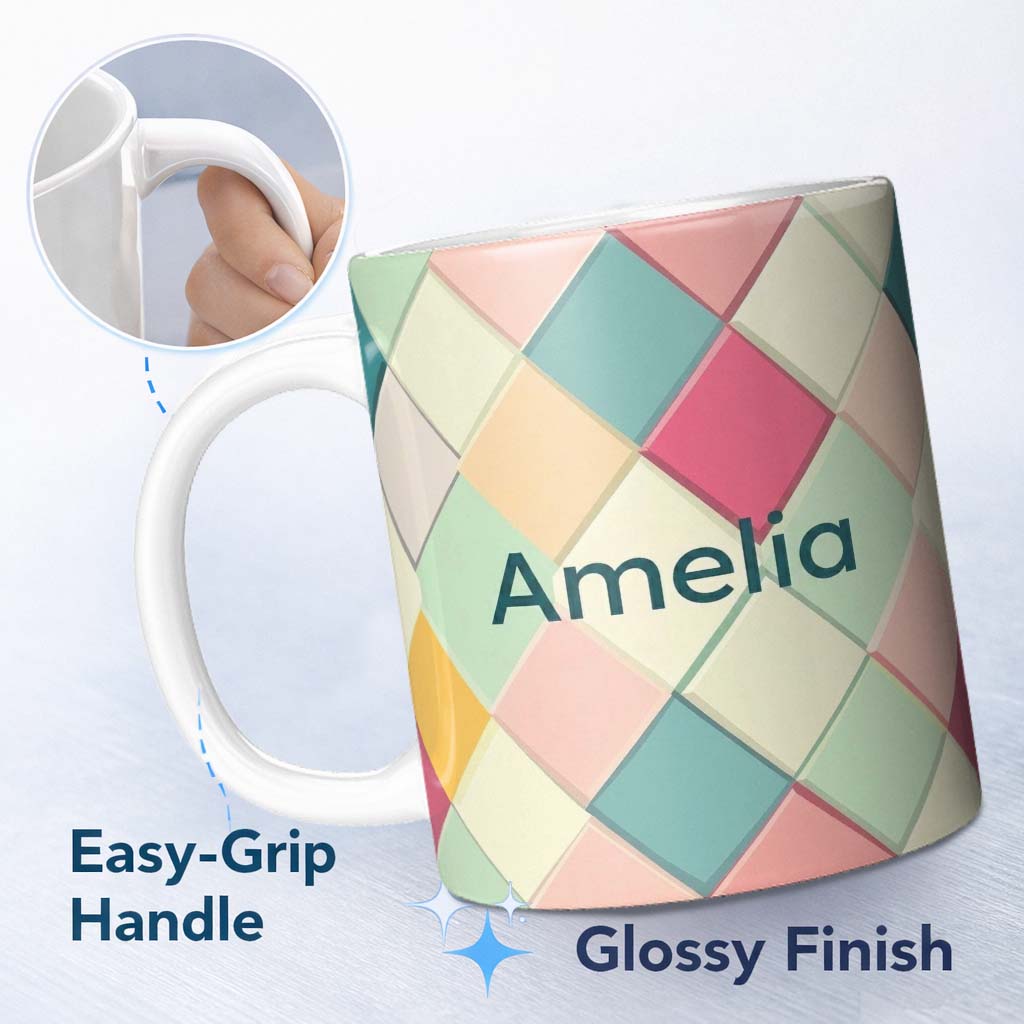 Personalized Custom Name Abstract Pastel Diamond Tile Soft Gradient Geometric Seamless 11oz Ceramic Coffee Tea Mug White Large Handle