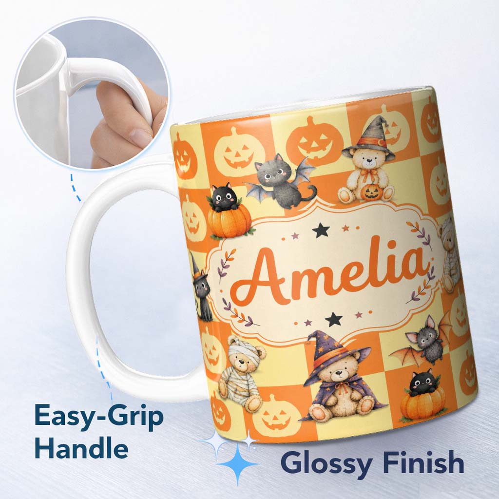 Personalized Custom Name Orange Pumpkin Checkerboard Warm Autumn Seamless Pattern UK Name 11oz Ceramic Coffee Tea Mug White Large Handle