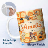 Personalized Custom Name Orange Pumpkin Checkerboard Warm Autumn Seamless Pattern UK Name 11oz Ceramic Coffee Tea Mug White Large Handle