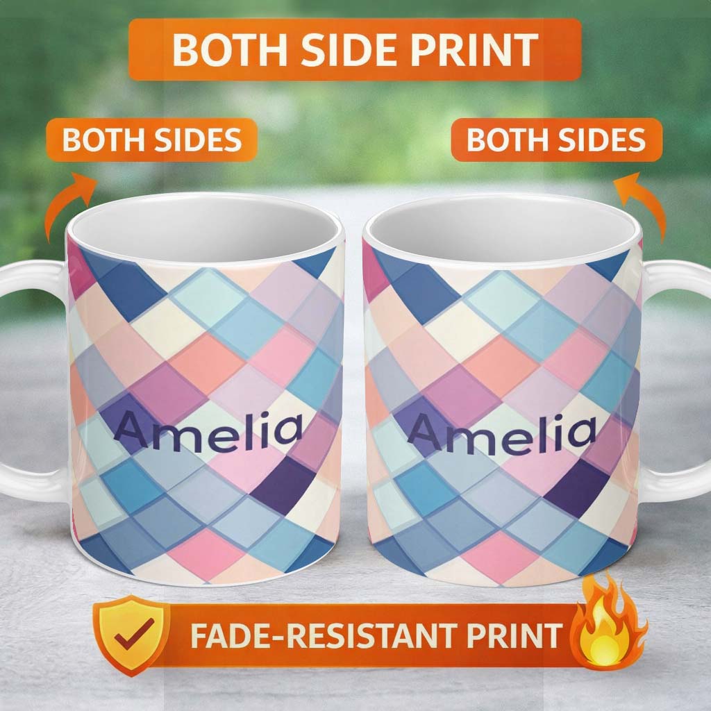 Personalized Custom Name Abstract Modern Pastel Square Overlay Gradient Texture Seamless 11oz Ceramic Coffee Tea Mug White Large Handle