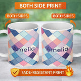Personalized Custom Name Abstract Modern Pastel Square Overlay Gradient Texture Seamless 11oz Ceramic Coffee Tea Mug White Large Handle
