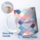 Personalized Custom Name Abstract Modern Pastel Square Overlay Gradient Texture Seamless 11oz Ceramic Coffee Tea Mug White Large Handle
