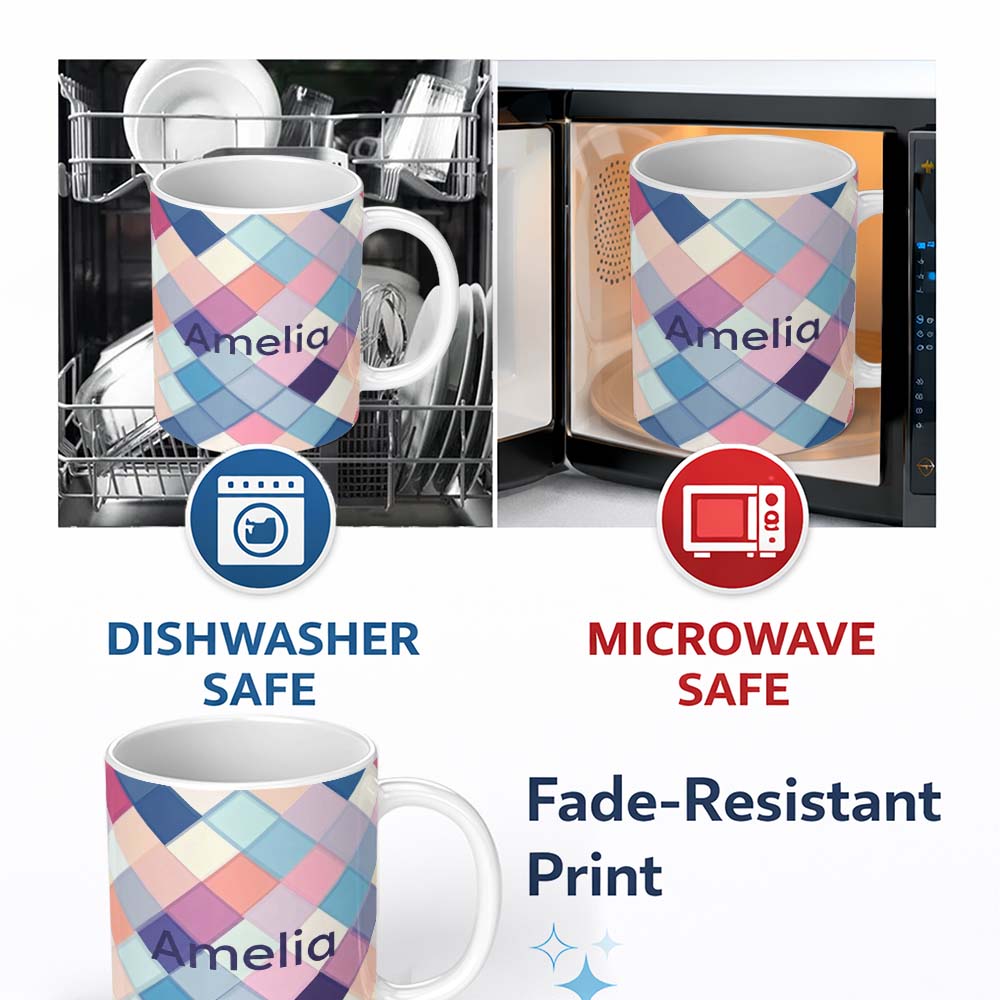 Personalized Custom Name Abstract Modern Pastel Square Overlay Gradient Texture Seamless 11oz Ceramic Coffee Tea Mug White Large Handle