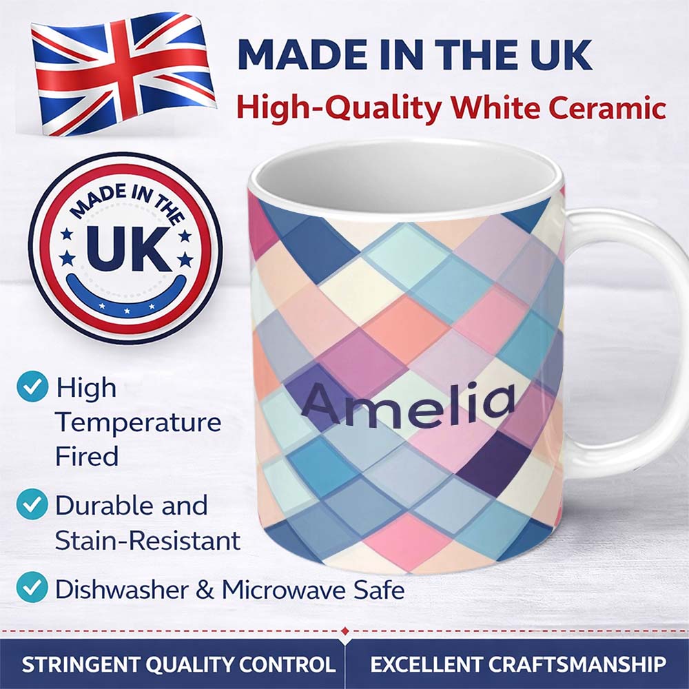 Personalized Custom Name Abstract Modern Pastel Square Overlay Gradient Texture Seamless 11oz Ceramic Coffee Tea Mug White Large Handle