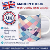 Personalized Custom Name Abstract Modern Pastel Square Overlay Gradient Texture Seamless 11oz Ceramic Coffee Tea Mug White Large Handle